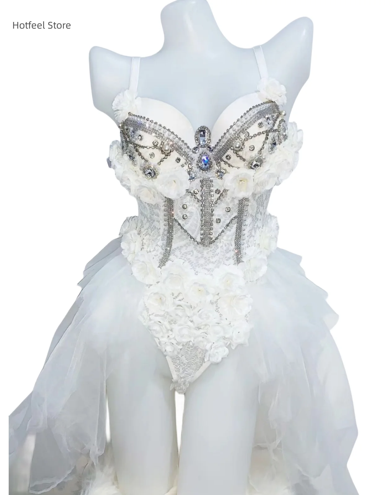 

Dance Wear Stage Outfits Sexy Bar Party Female Costume Sparkly Rhinestones White Lace Flowers Bodysuit Nightclub DJ Singer