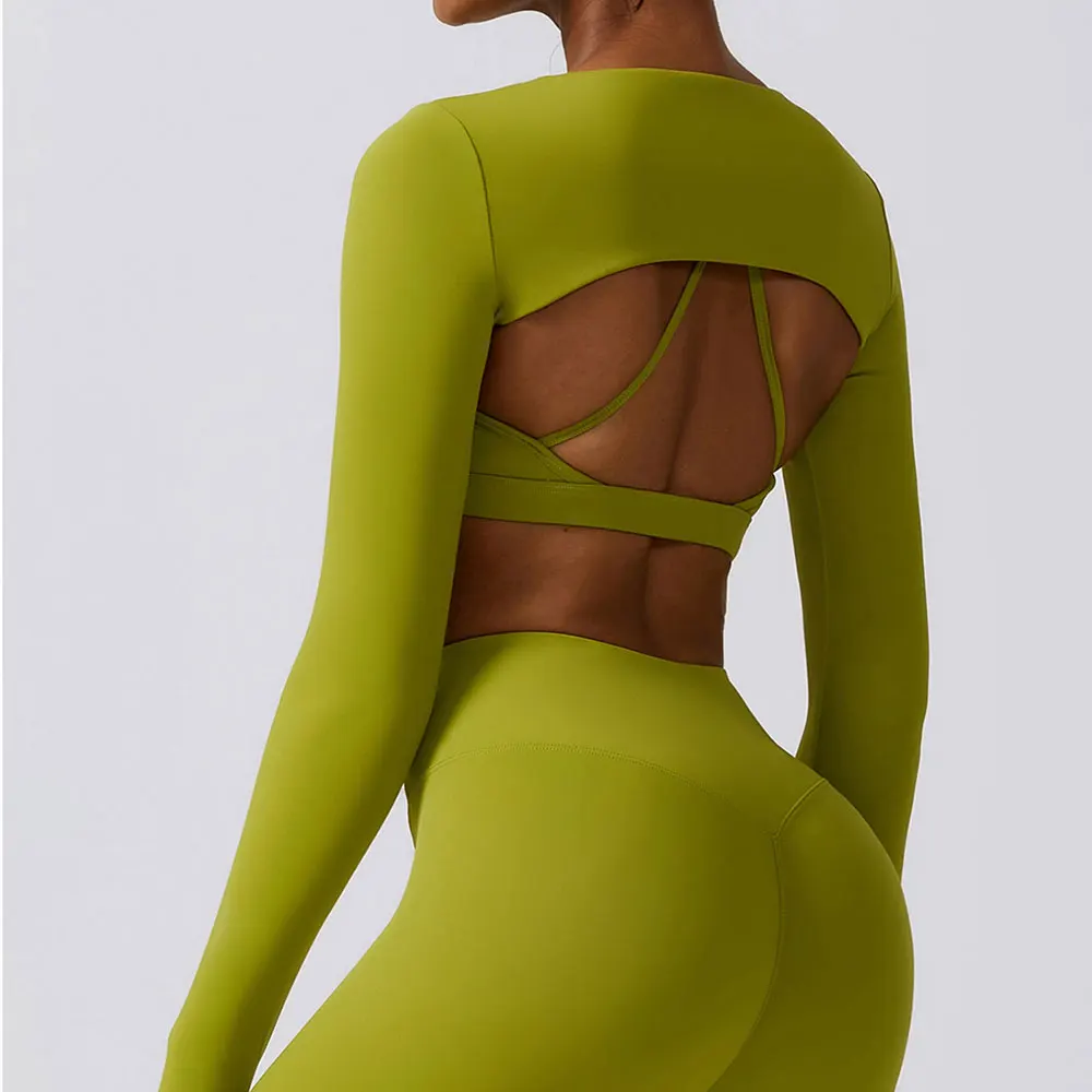 Women Crop Tops Long Sleeve Breathable Running T-Shirts Gym Sports Top Pad Yoga Shirts Fitness Workout Yoga Clothing
