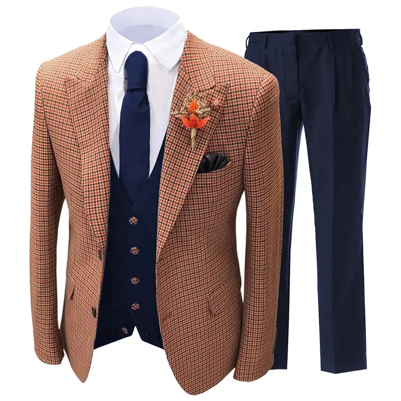 Men's Suit 3 Pieces Set Version Slim Fitting Casual Plaid Stripes Suitable For Wedding Banquets Jacket Vest With Pants