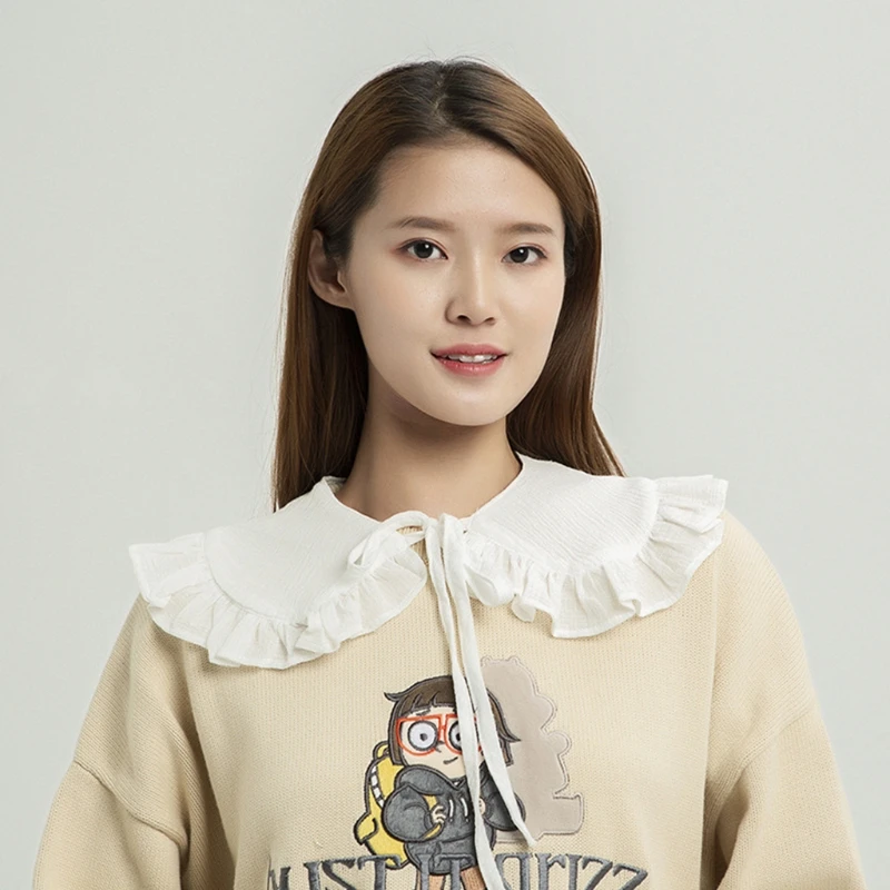 White Shawl for Doll False Fake Collar for Women Girls Ruffled Trim Detachable Half Shirt Lapel Blouse Lace-Up Bandage