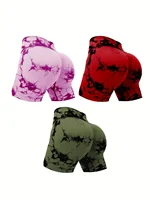 3pcs women's sports waist tightening and hip lifting fitness tie dye shorts - Image 5