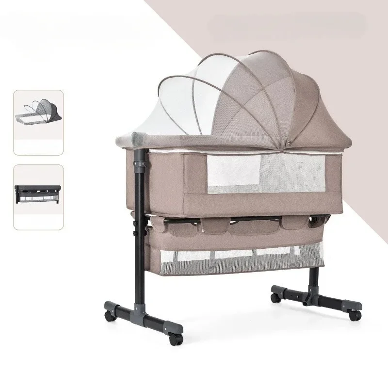 Newborn Crib with Movable Folding Bed, Diaper Table, Roller, Large Storage Bag, Mosquito Net, Adjustable Portable Crib