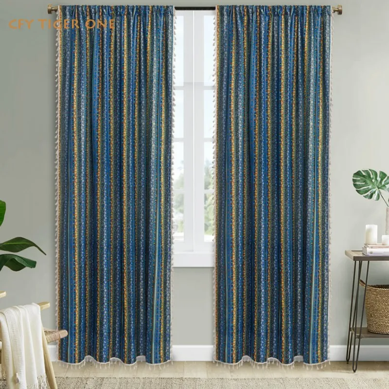 

Cotton Linen Bohemia Blue Striped with Tassels Blackout Window Curtain Ready-made Drapes for Bedroom Curtains in The Living Room