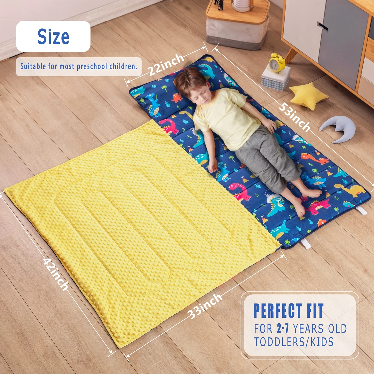 Toddler nap mat with Removable Pillow and Fleece Blanket for Boys and Girls Dinosaur Thickened nap mats for Preschool Daycare 2