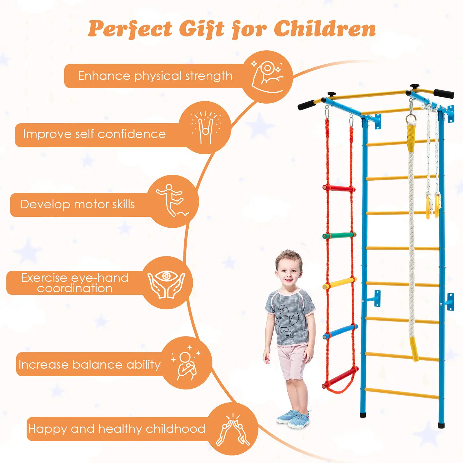 Costway 5 in 1 Kids Indoor Wall Gym Children Stall Bars Set Swedish Wall Ladder Home 6