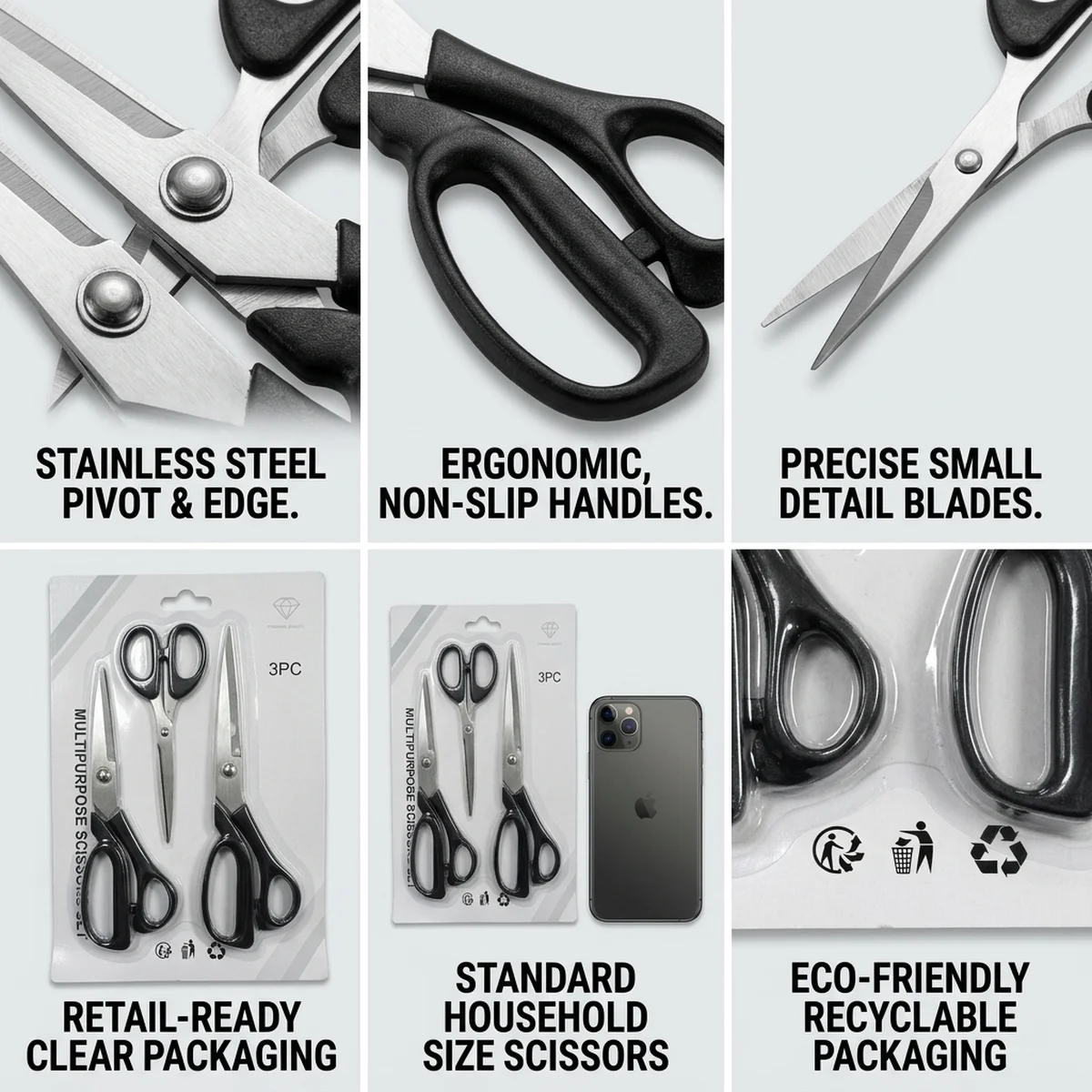 3pcs Stainless Steel Scissors Office Scissors Household Tailor Scissors Sewing Combination Scissors Multifunctional Hand Scissor - 4
