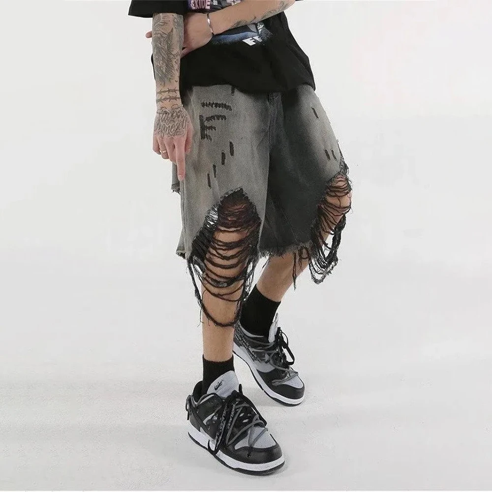 High Street Loose Washed Old Ripped Shorts American Retro Shorts Summer Street Y2K Hip Hop Tassel Wide Leg Casual Denim