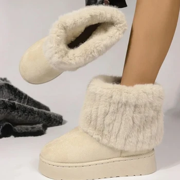 Shoes for Women Winter Slip on Women's Boots Black Round Toe Solid Flock Plush Warm Mid Heel Water Proof Casual Snow Boots Women 1
