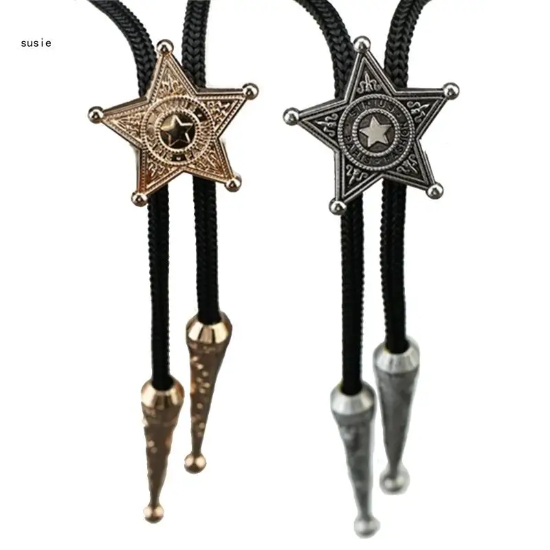 

X7YA American Bolo Tie Punk Cowboy Braided Rope Necktie Vintage Pentagram Star Western Necklace Costume Accessories for Men