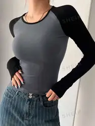 Chic Slim - Fit Color Block Long Sleeve Crewneck Tee - XXL (GRAY)