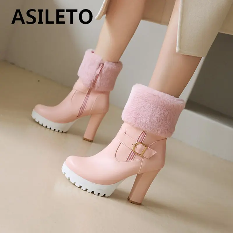 

ASILETO Winter Women Boots Round Toe Block Heels 10cm Platform 2cm Zipper Belt Buckles Big Size 41 42 43 Sweet Female Booties