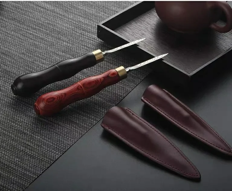 Pu'er Tea Knife Ebony Rosewood with Brick Tea Tool Belt Leather Cover Pattern Stainless Steel Knife
