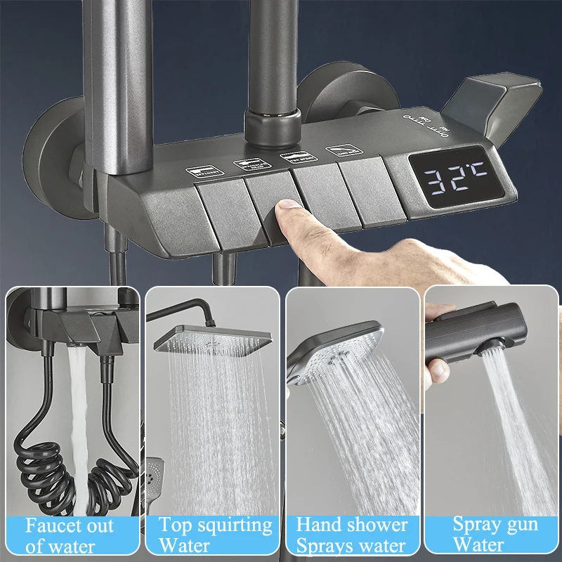 Piano Digital Shower Faucet Set Bathroom Bathtub Mixer Hot Cold Waterfall Tap Rainfall Shower System