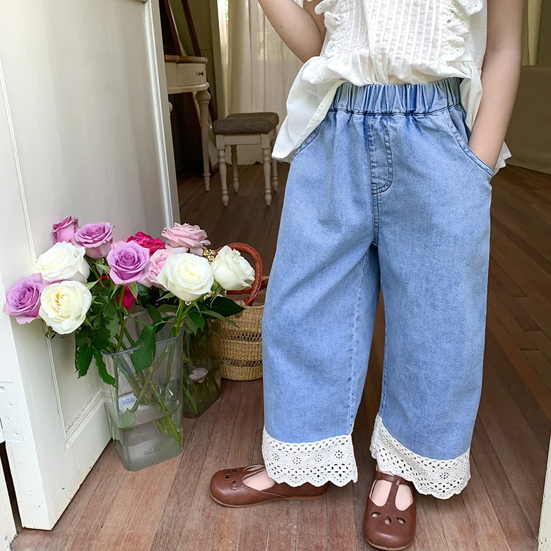 

6842 Children's Jeans 2023 Summer and Autumn New Girl's Pants Casual Loose Wide-leg Pants Lace Stitching Jeans Trousers