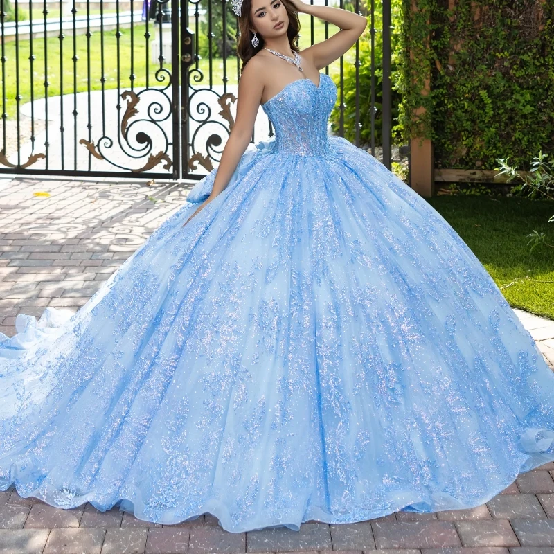 Sky Blue Shiny Ball Gown Quinceanera Dresses Off the Shoulder Sequin Applique Lace Beads Tull Corset Vestidos 15De Anos Sweet 16