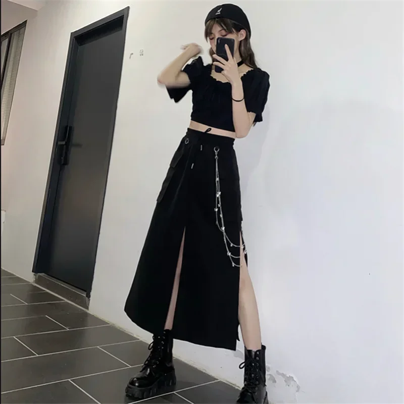2025 New Spring Autumn Women Skirt Fashion Korean Style Black Long Skirts with Chain Side Slit Hip Hop Streetwear Plus Size 4