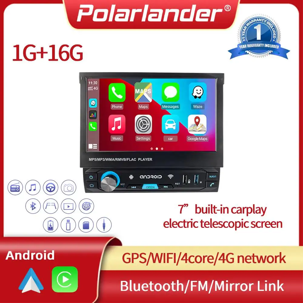 

Car Radio 1 Din Android Universal 7 '' Electric Retractable Screen Apple Carplay GPS Multimedia Player Bluetooth FM WIFI 1+16G