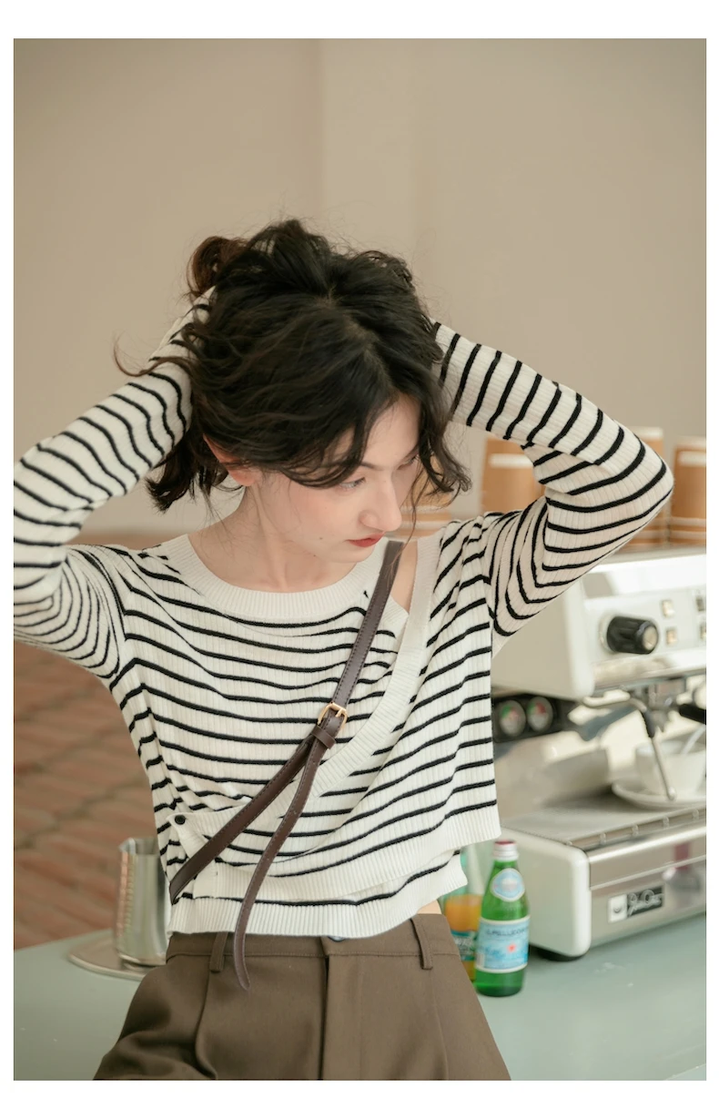 Primavera e Outono Fino de Mangas Falso de Duas Camisola Listrada Feminina Pulôver Coreano Ins Compridas Peças Mulher Camisolas Jumpers 2022 16 Home & Garden