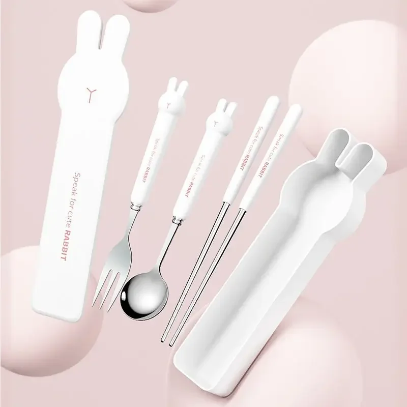 Cute Rabbit 304 Stainless Steel Tableware Spoon Fork Chopsticks Cartoon Student Children Good Gift Cutlery Set cutlery set western style cutlery set picnic cutlery set stainless steel cutlery set picnic tableware camping cutlery set