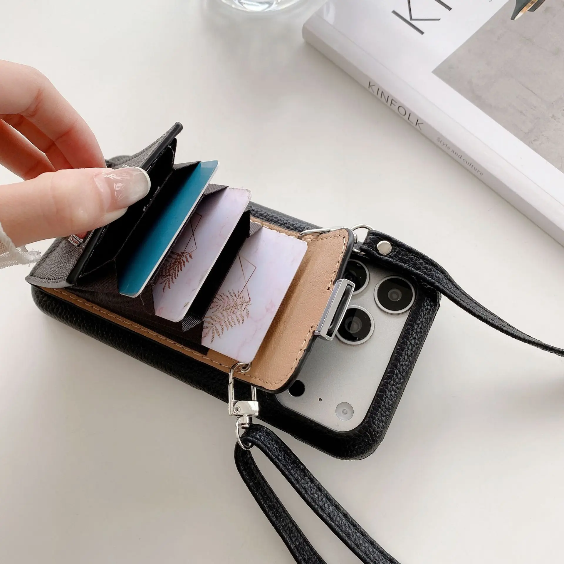 Elegant Leather Wallet Shoulder Strap Phone Case with Card Pocket and Lanyard Cover