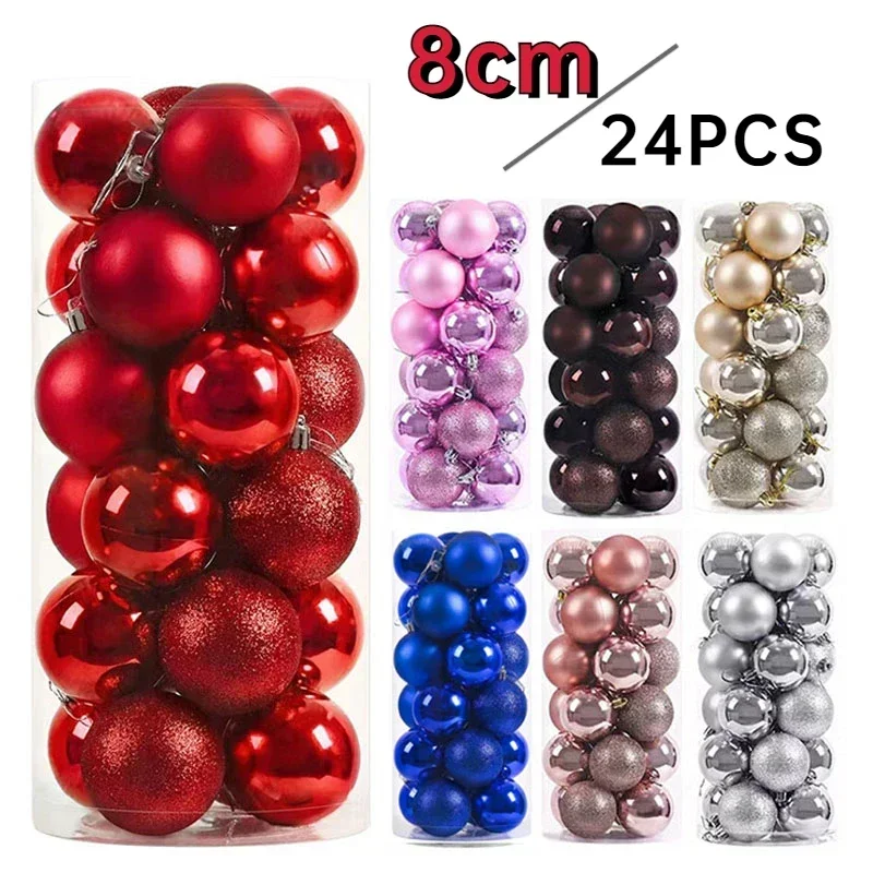 24/pcs 8CM Christmas Ball Ornaments Set Painted Plastics Christmas Tree Pendant Decoration Decoration Accessories
