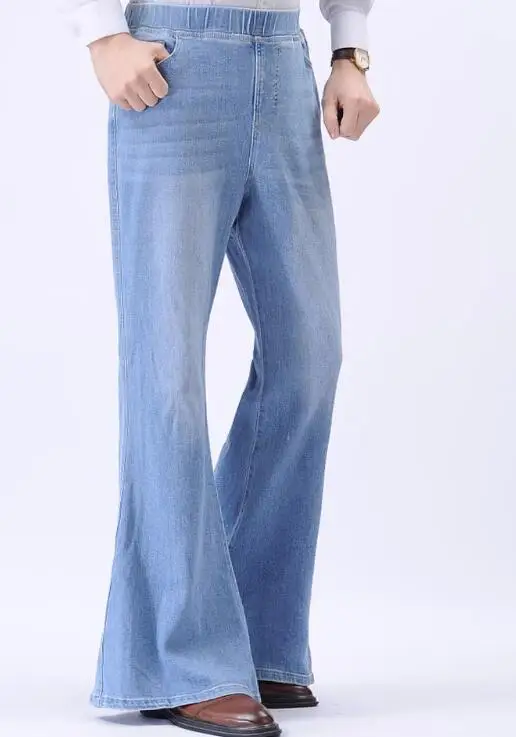 Cal-a-flare-azul-claro-masculina-el-stico-na-cintura-jeans-vintage ...