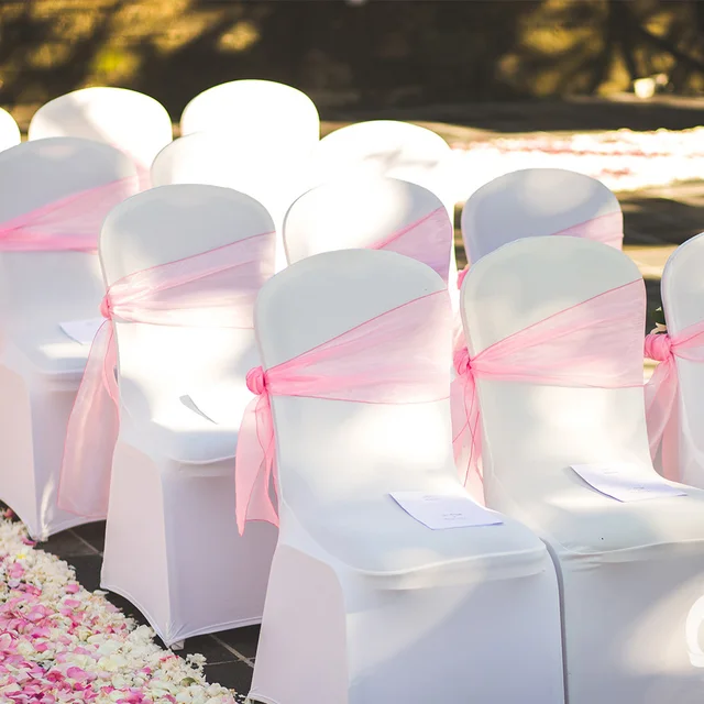Ceinturage housse de chaise en organza avec nœud papillon, 18x275cm, 50 pièces, ruban décoratif pour fête de mariage, hôtel et banquet 2