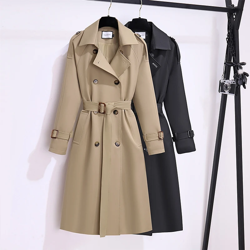 Double Breasted Khaki Long Trench Coat Vintage Classic Slim Windbreaker Fashion Winter Korean Casual Women Jackets Outerwear