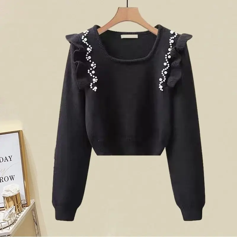 

New Autumn Winter Women's Fashion Round Collar Ruffle Cropped Pullover Niche Loose Casual Lazy Style Knitted Sweaters Q115