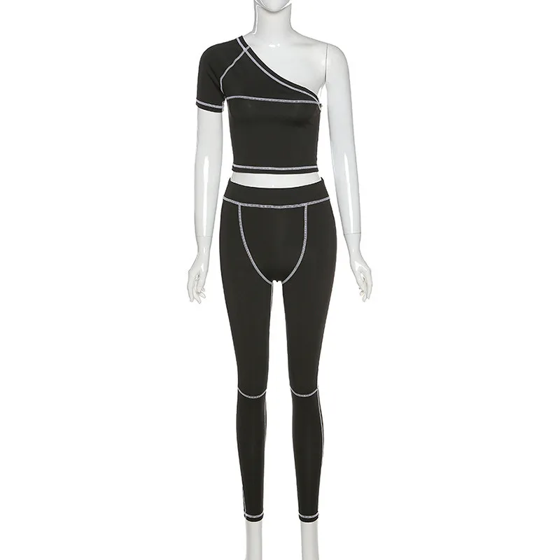Summer Striped Tracksuit Fitness Single Shoulder Sexy Crop Top And Sweatpants Women's 2 Piece Sets Outfits Clothes Ropa De Mujer