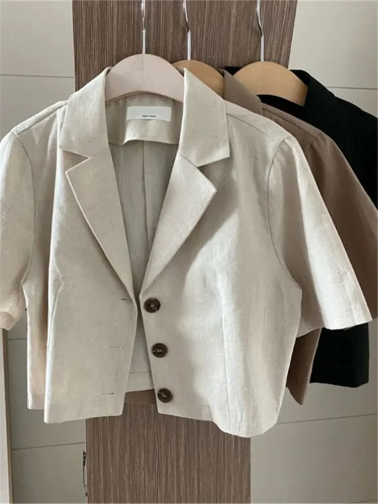 REALEFT-Blazer feminino de algodão e linho manga curta, casaco casual curto, blazer estilo vintage, outwear monocromático, primavera e verão, 2022