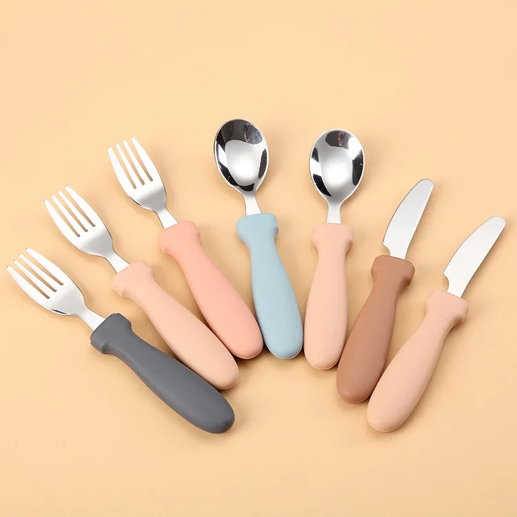 

Silicone utensil set Training Spoon And Fork knife Set of 3 Stainless Steel kid Cutlery with silicone handle