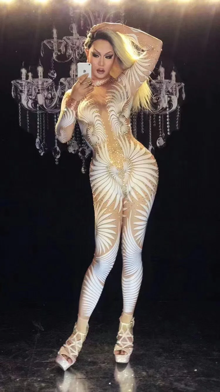 Women Dance Performance Costume Female Stage Wear Party Nightclub Outfit Sparkly Rhinestones Jumpsuit rhinestones dress