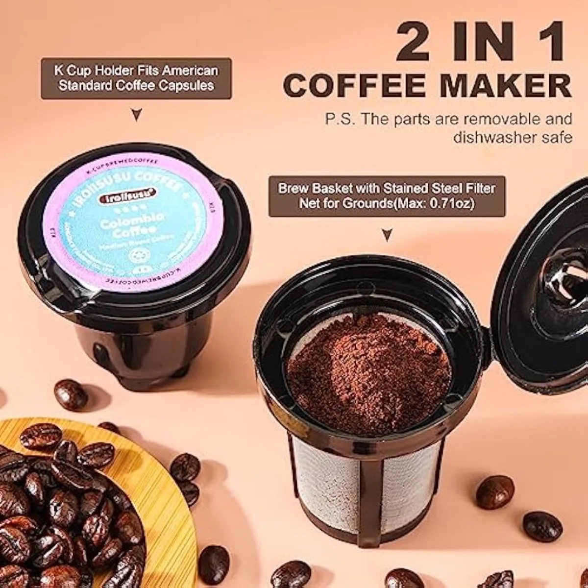 Single Serve Coffee Maker K Cup and Ground Coffee Machine 2 in 1 6 to 14 Oz Brew Sizes Fits Travel Mug