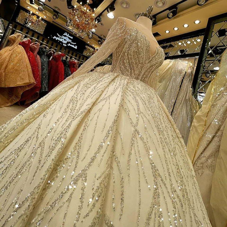 2026 Exquisites Illusions-Brautkleid mit Langen Ärmeln Dubai Ballkleid Funkelnde Pailletten Arabische Hochzeitskleider Vestido De Noiva – Detail 5