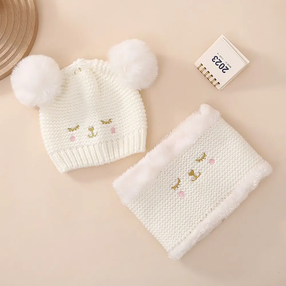 

Winter Warm Bag Knitted Hat Scarf White Ear Protection Pompom Beanies 3-15Months Kids Plush Hat Scarf Set Plush