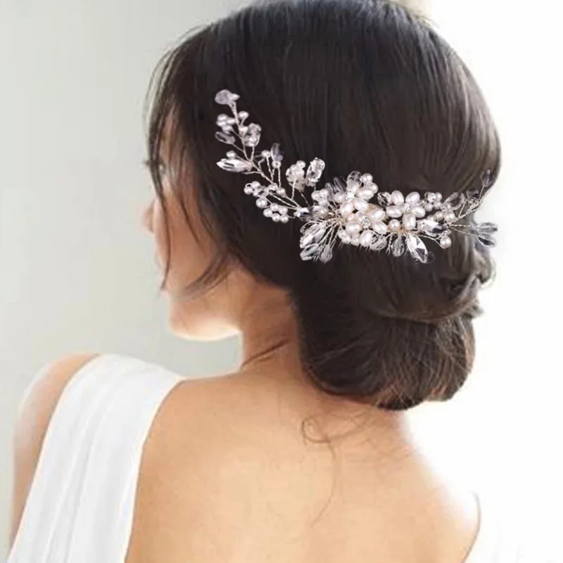 Bridal Hair Comb Pearl Tiaras Crystal Flower Hairpin Clip Girl Party Wedding Hair Accessories Marriage Head Jewelry