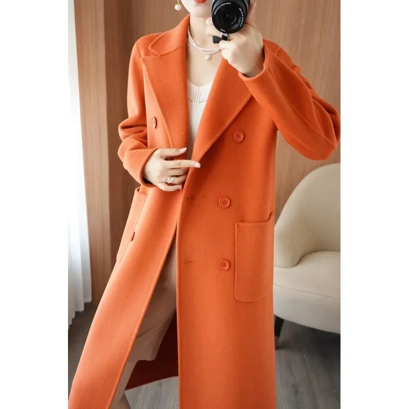 Double-Sided Cashmere Coat Women's Long Solid Color Cashmere Padded Woolen Coat Autumn And Winter Vintage Double-Breasted Coat