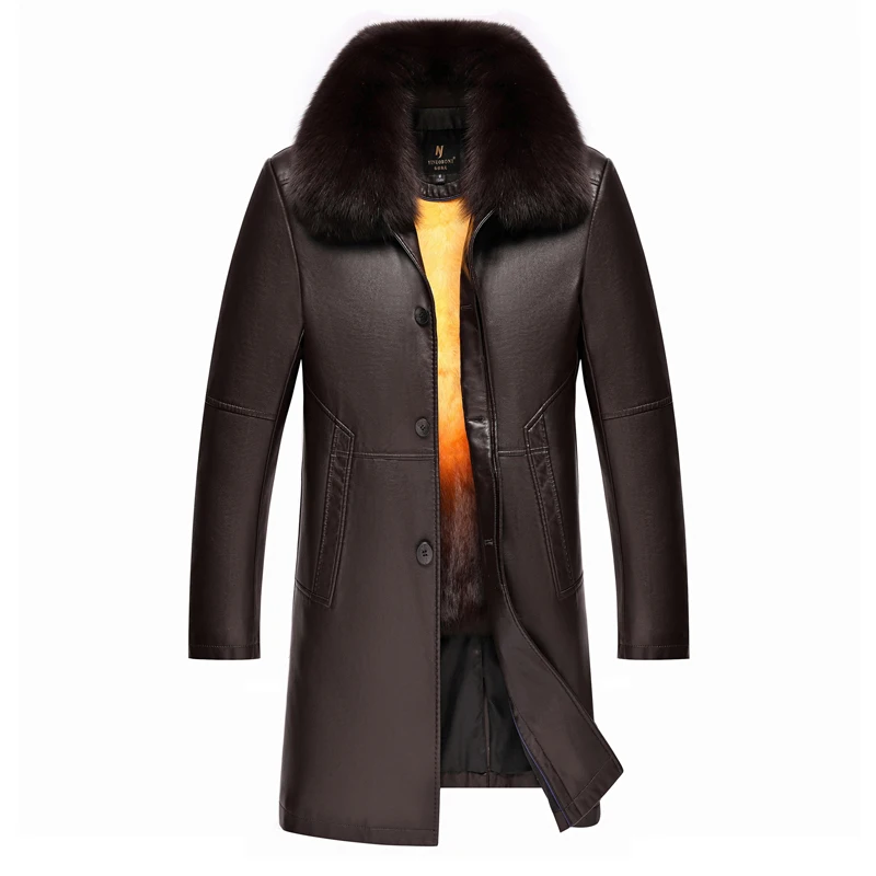 

Luxury Mid-length Autumn/Winter Warm Leather Jacekts Men Coats Fashion Fox Fur Collar Leather Jackets for Men, Big Sizes M-4XL