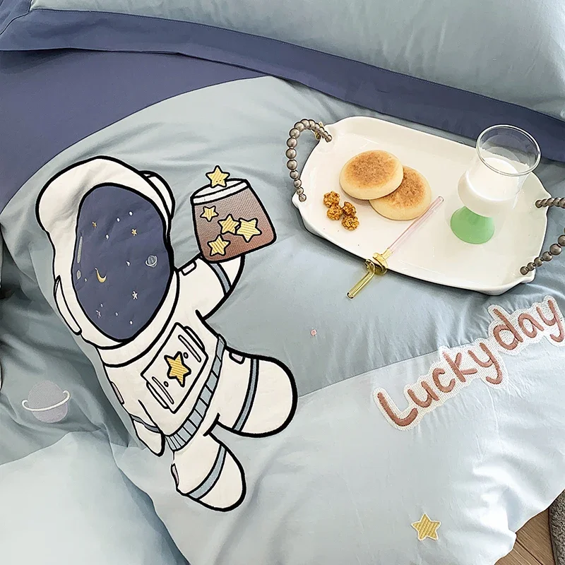 Blue Cute Cartoon Astronaut Embroidery 100% Cotton Boys Bedding Set Single Duvet Cover Set Bed Sheet Pillowcases Gifts For Child