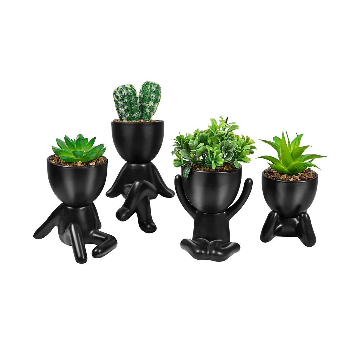 

4PCS Artificial Succulent Planters, Mini Potted Ceramic Succulent Decor, Creative Human Shaped Black Pots Small Pots