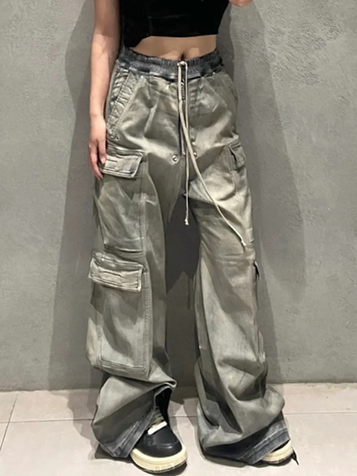 MIJKO Design Jeans High Quality Multi-Pocket Zipper Drawstring Wide Leg Baggy Jeans Men High Street Denim Trousers XXL XL L M 6