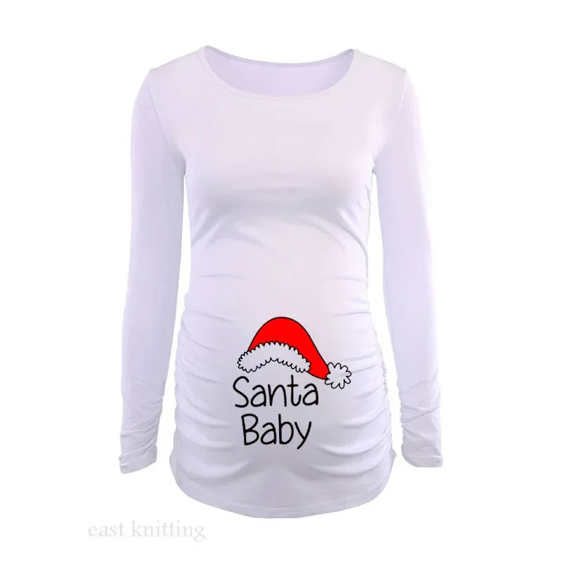 Pregnant Woman Christmas Long Sleeve Santa Baby Print T Shirt Christmas Side Ruched Maternity Top Pregnancy Clothes Pregnant Tee 3