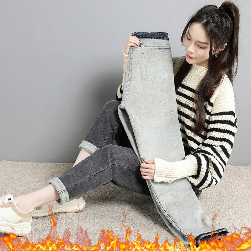 

Women Jeans 2022 Winter Thick Velvet High Waist Skinny Pants Fleece Warm Slim Fit Stretch Ladies Casual Denim Pencil Trousers