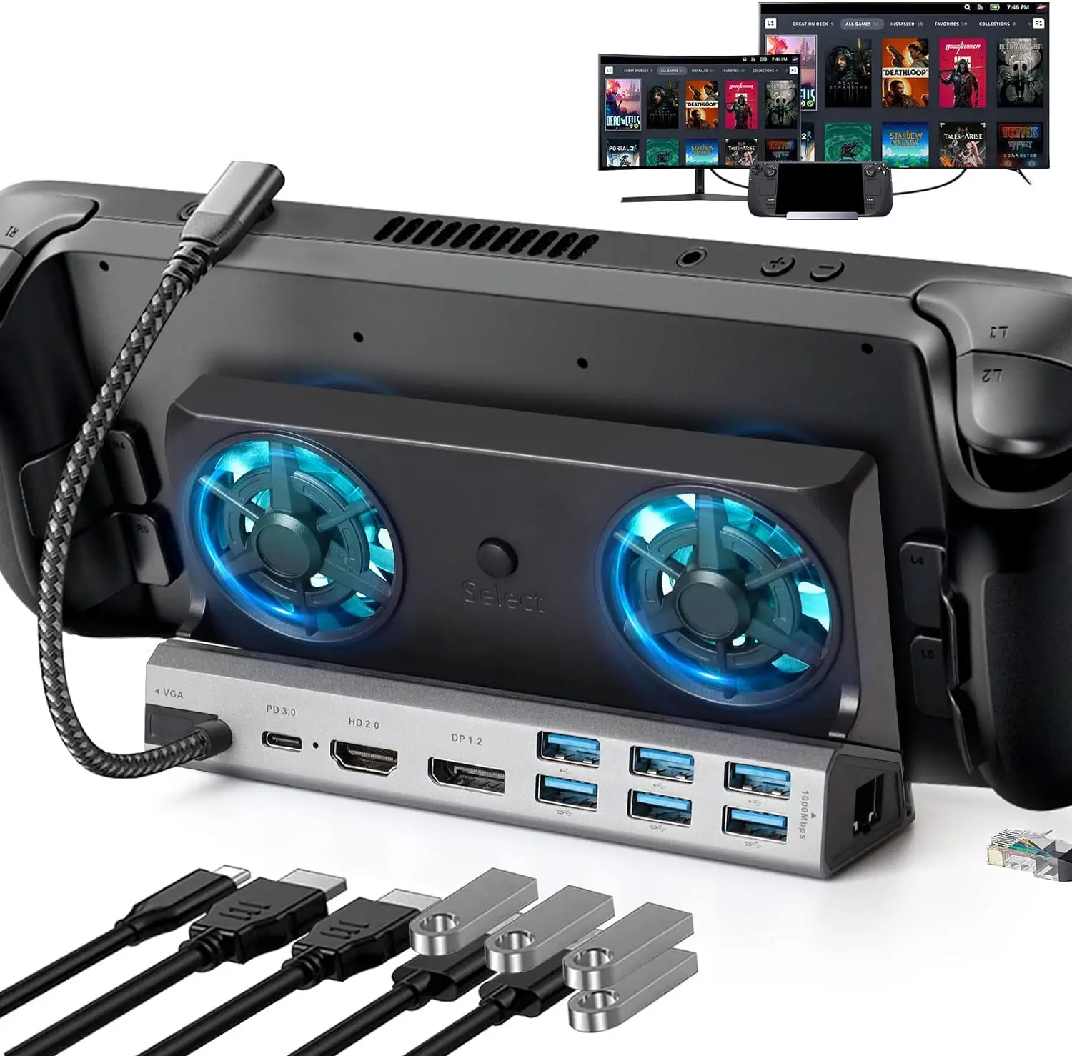 Steam Deck Dock with Dual Cooling Fans, 11-in-1, DP1.2 and HDMI 2.0, 4K @ 60Hz, VGA, 6 USB Ports, Gigabit Ethernet, USB Charge
