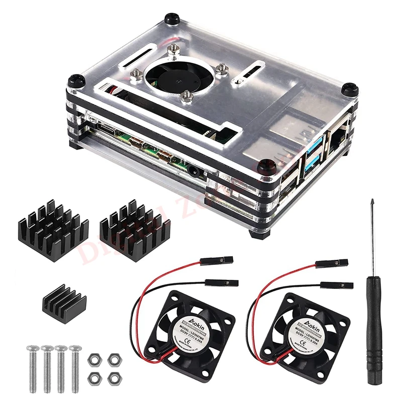 

Акриловый чехол для Raspberry Pi 4 Model B с 2 вентиляторами охлаждения 30*30 мм и 3 алюминиевыми фотоэлементами для Raspberry Pi 4B