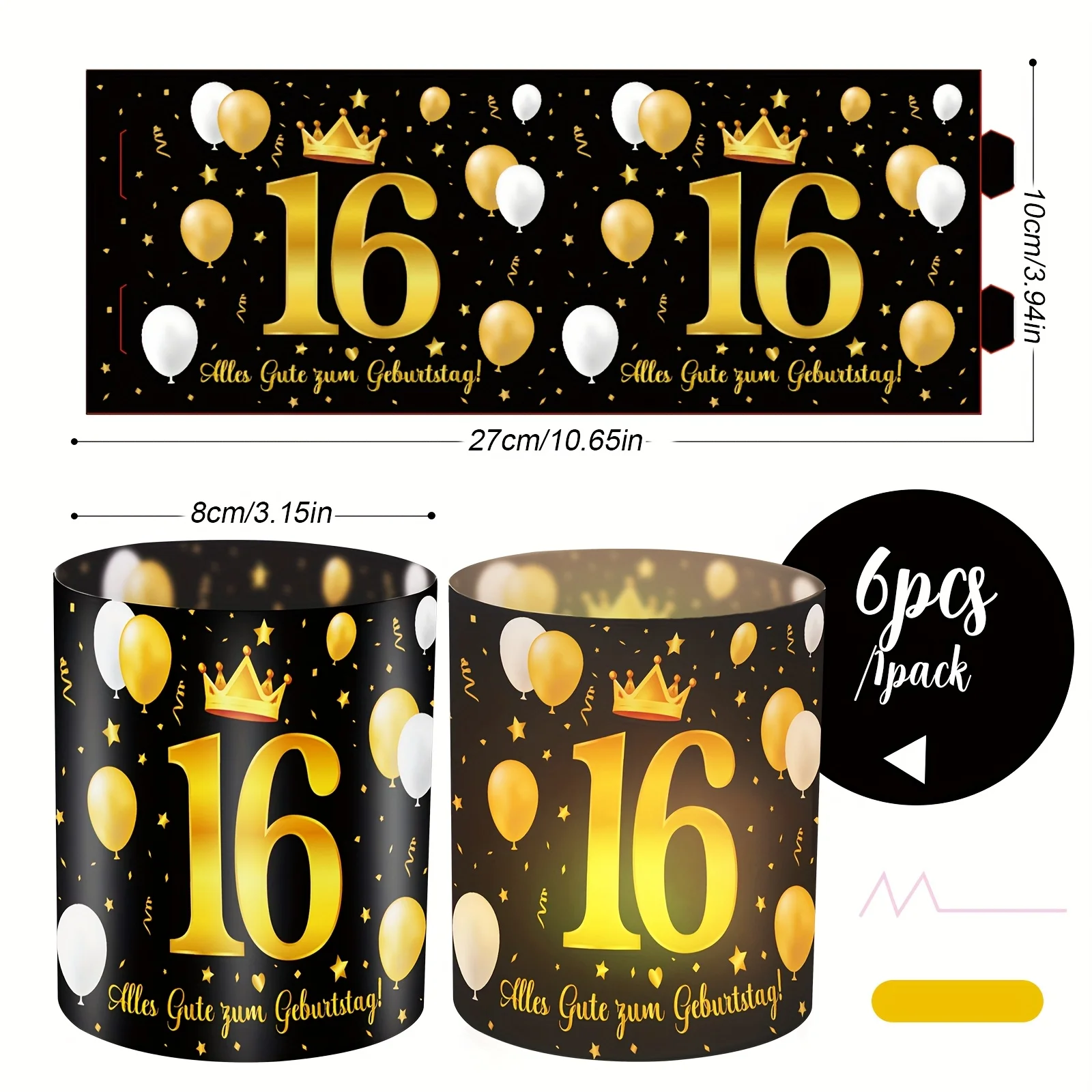 6er-Set Black Golden Crown Element Tischdeko-Lampenschirme 16.18.20.30.40.50.60.70.80.90 für Geburtstagsfeier – Detail 2