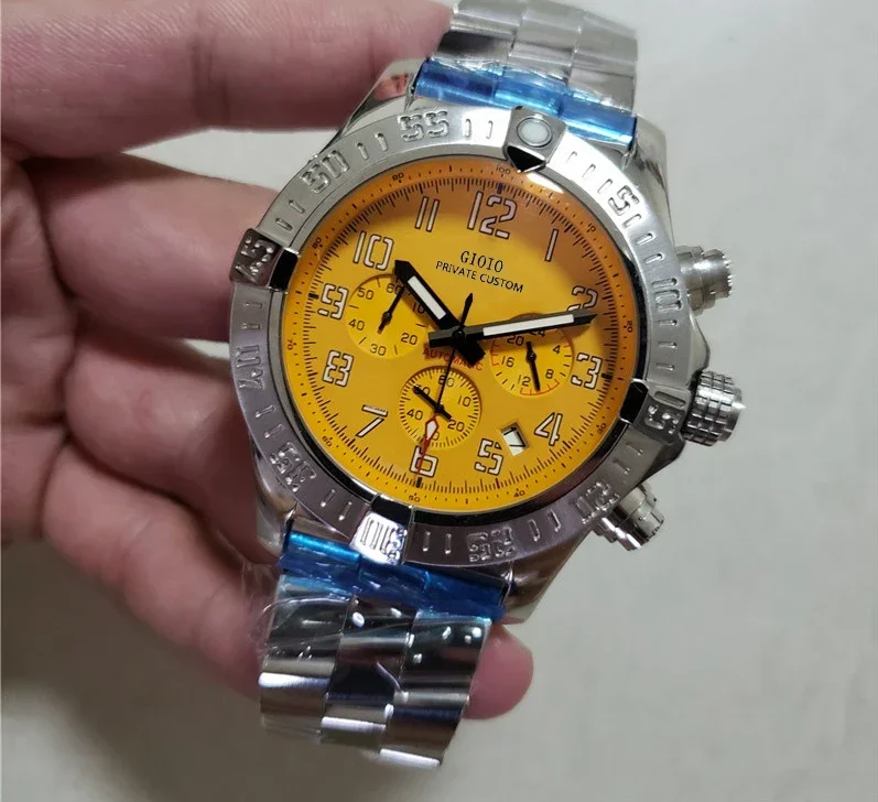 

Luxury Mens Quartz Chronograph Watch Black Blue Leather Stainless Steel Luminous Sapphire Calendar Yellow Dial