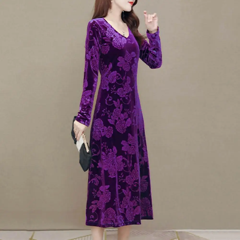 

Office Work Dress Elegant Plus Size Floral Print Midi Dress for Mid-aged A-line V Neck Long Sleeve Mid-calf Length Premium Party