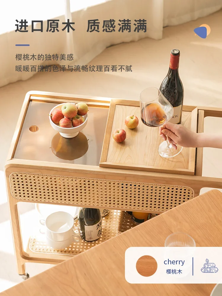 

Solid wood living room, small cart, side table, movable coffee table, cherry wood universal wheel, belt wheel, snack tea, multif